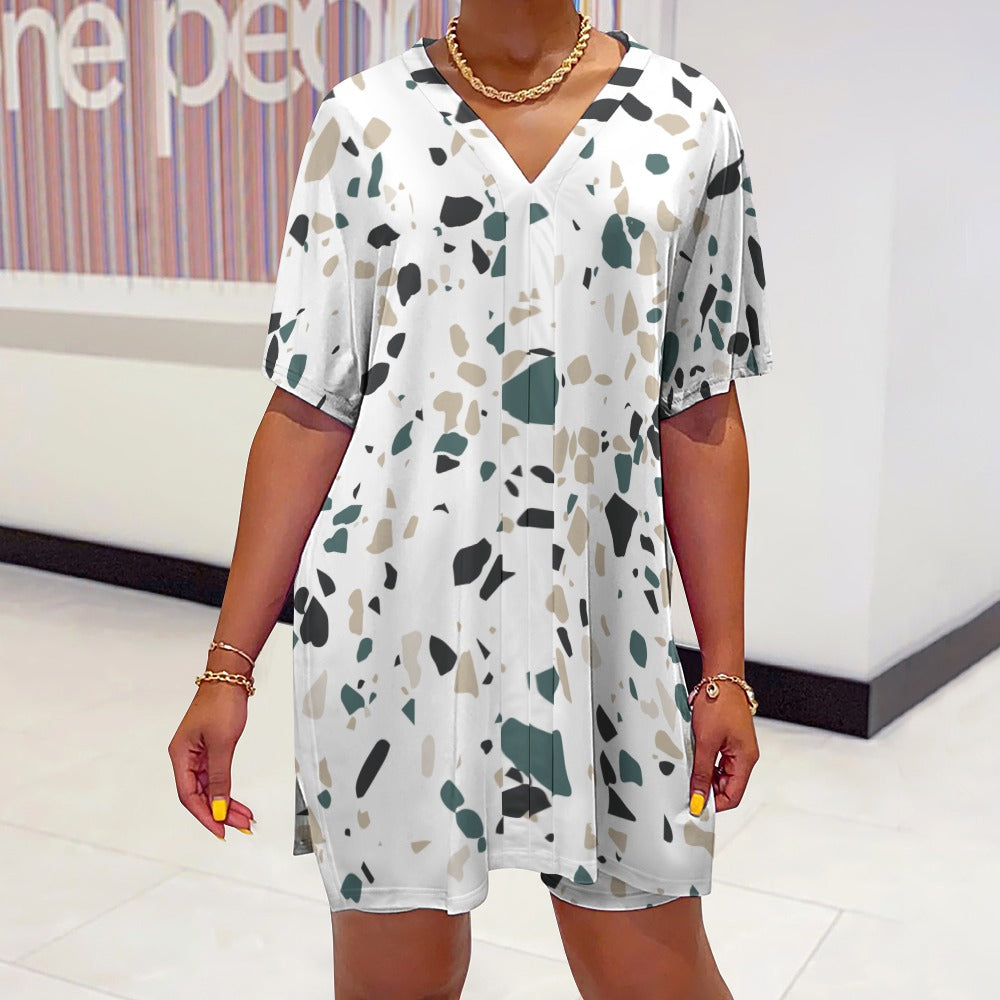 Women's Multi-Color Stone Pattern V-Neck Bat Sleeve Two Piece Set