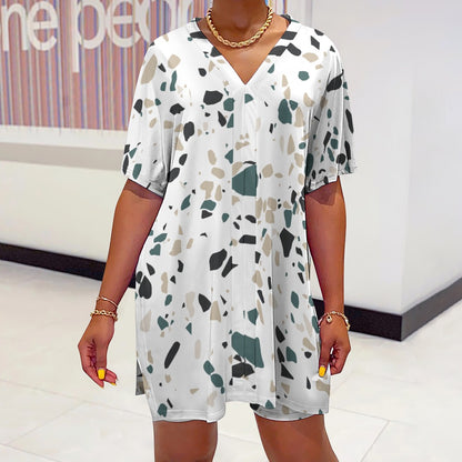 Women's Multi-Color Stone Pattern V-Neck Bat Sleeve Two Piece Set