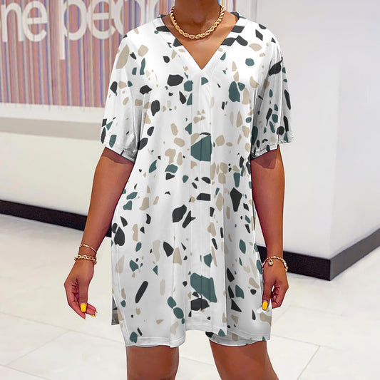 Women's Multi-Color Stone Pattern V-Neck Bat Sleeve Two Piece Set