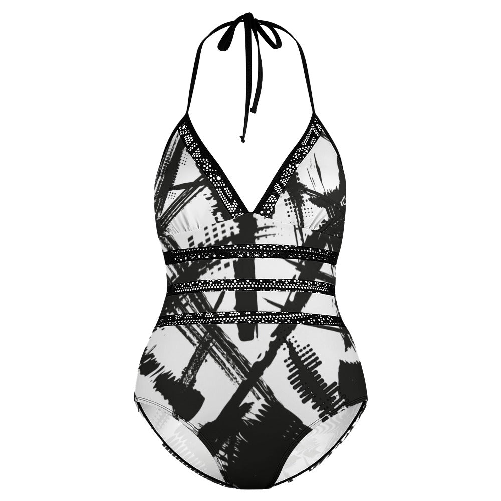Ptahra B White/Black Graphic Pattern Plus size bikini swimsuit