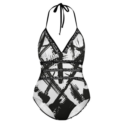 Ptahra B White/Black Graphic Pattern Plus size bikini swimsuit