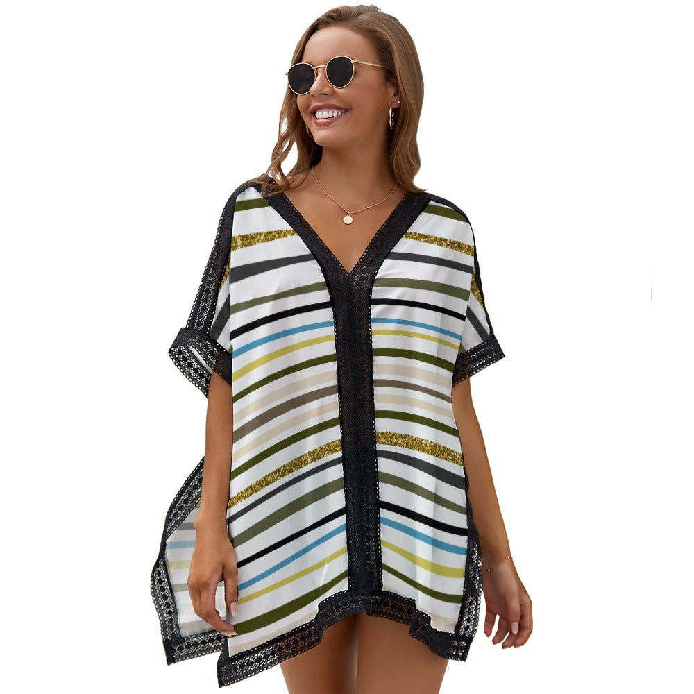 Ptahra B Multi-Color Line Pattern Loose Short Sleeve Beach Swim Cover