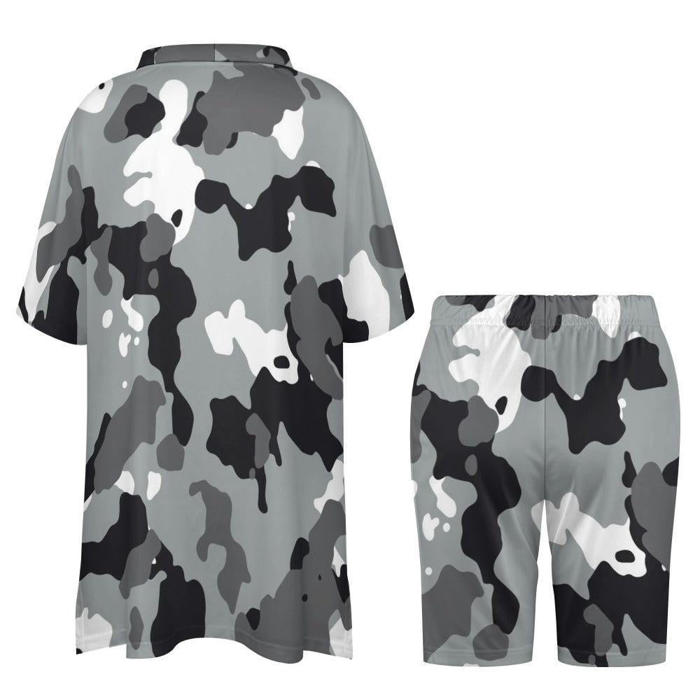 Women's Grey/White Camo V-Neck Bat Sleeve Two Piece Set