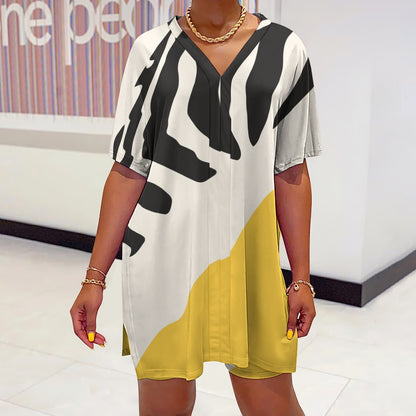 Women's Zebra Pattern/Yellow Stripe V-Neck Bat Sleeve Two Piece Set