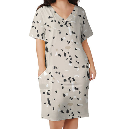 Women's Beige Stone Pattern Loose Pocket Dress