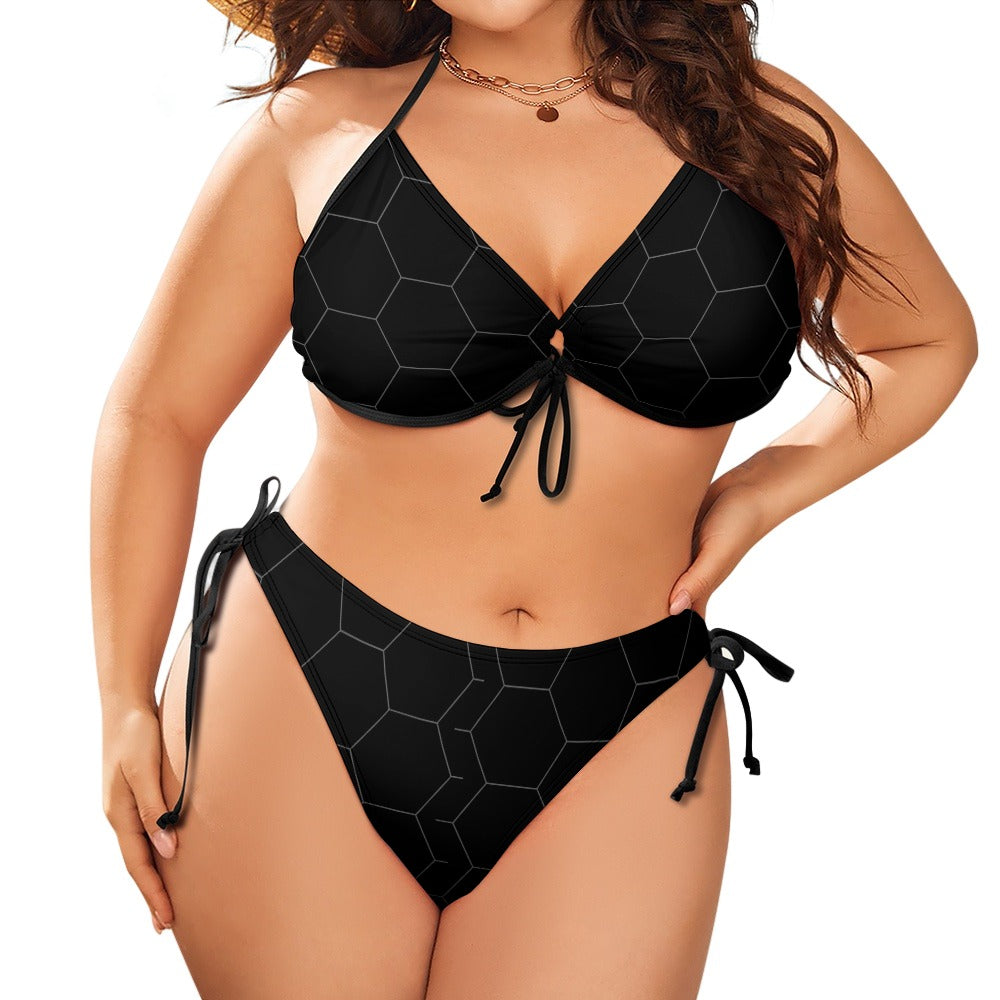Ptaha B Black/Hexagon Pattern Large Size Bikini Swimsuit